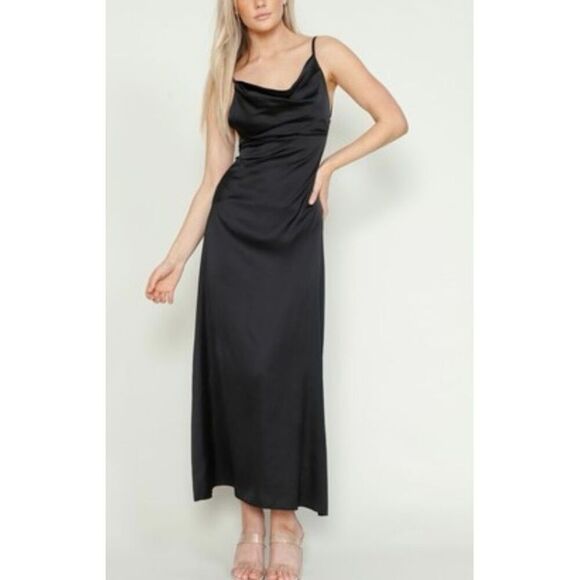 Million Colors Size M Open Back Cowl Neck Slip Dress Black Satin Formal Evening - Picture 1 of 12